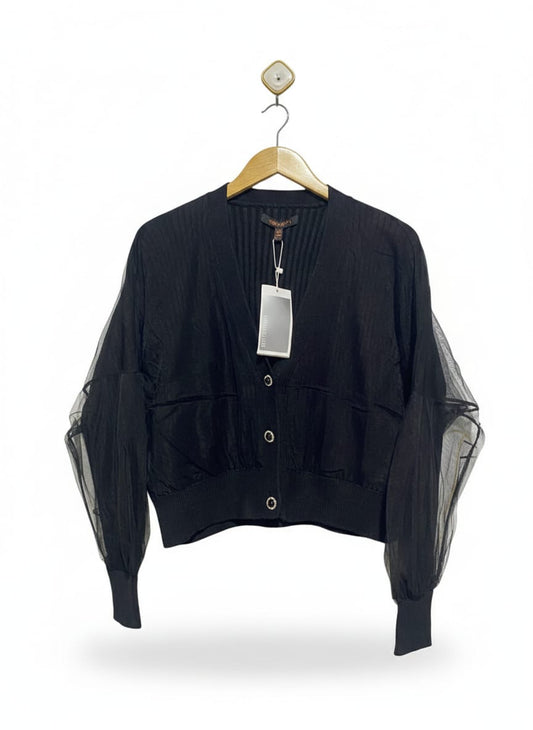 URBAN REVIVO |M| BUST 21| Black Cardigan With Sheer Organza Puff Sleeves