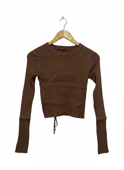 GHANDA |S| BUST 13| Brown Ribbed Long-Sleeve Crop Top