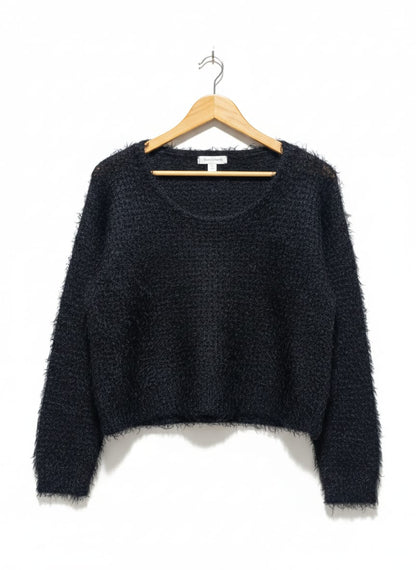 WHITE CLOSET |L| BUST 23| Black Fuzzy or Eyelash Knit Cropped Sweater