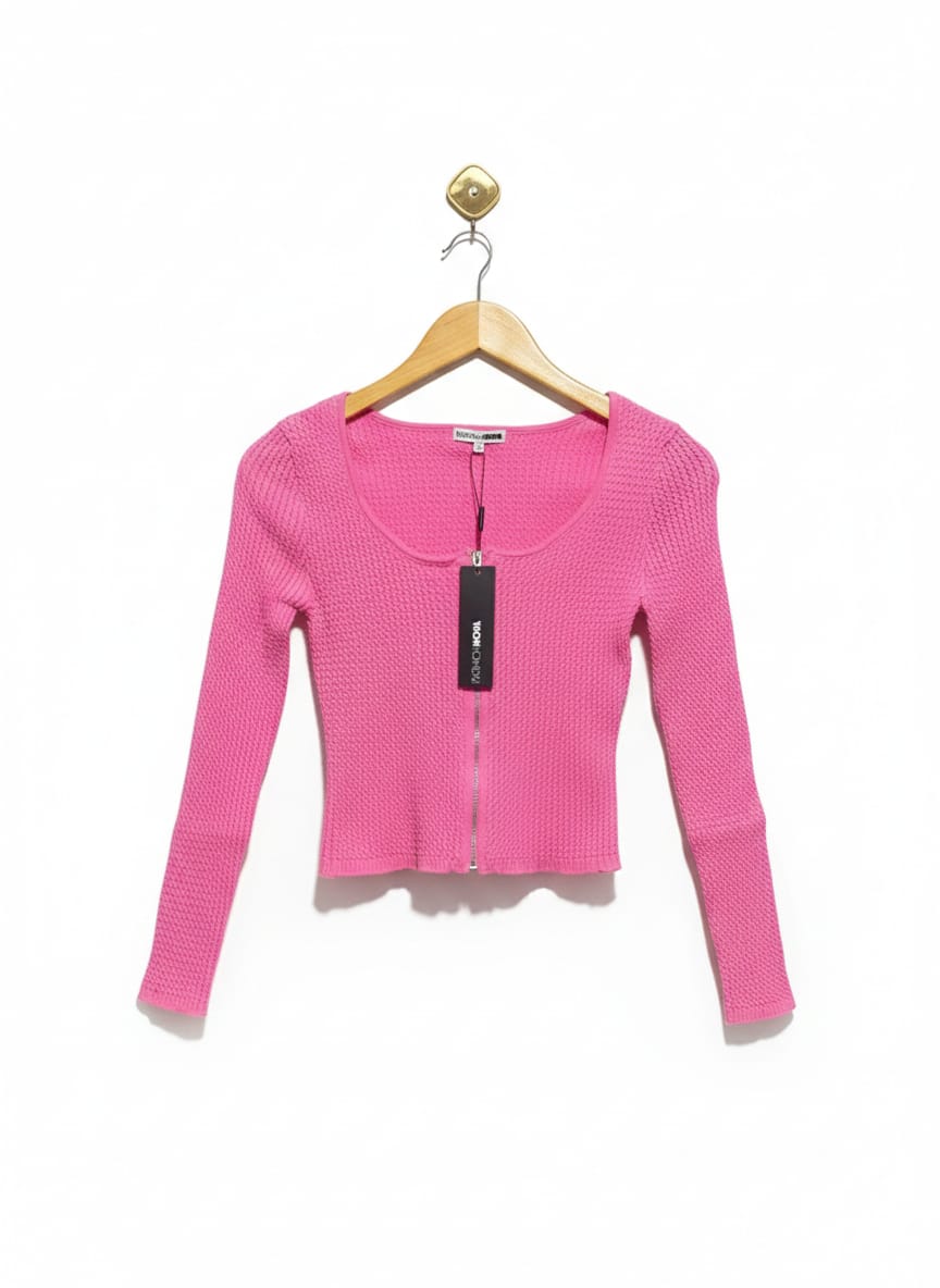 FASHION NOVA |S| BUST 13|C2|Hot Pink Ribbed Zip-Front Long-Sleeve Crop Top
