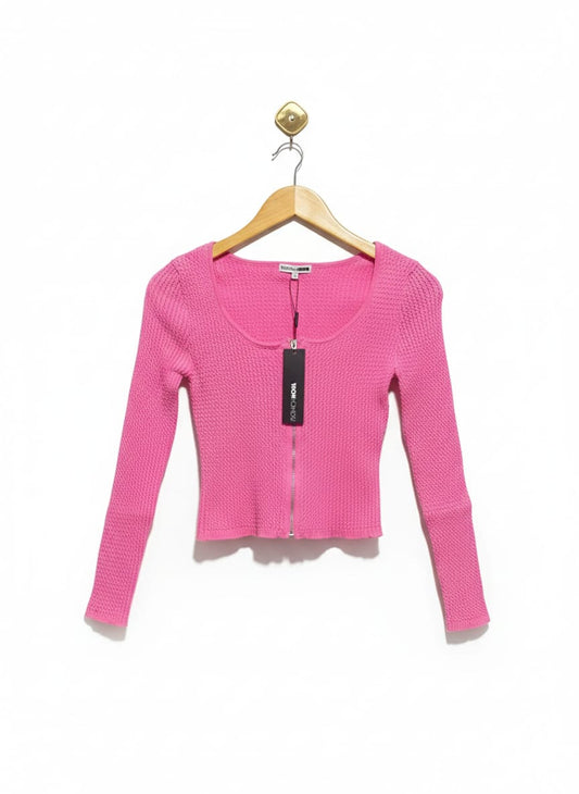 FASHION NOVA |S| BUST 13|C2|Hot Pink Ribbed Zip-Front Long-Sleeve Crop Top
