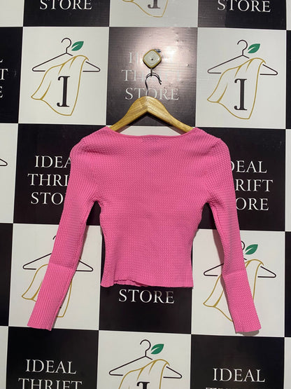 FASHION NOVA |S| BUST 13|C2|Hot Pink Ribbed Zip-Front Long-Sleeve Crop Top
