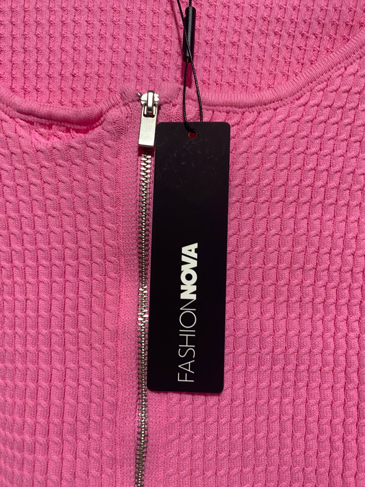 FASHION NOVA |S| BUST 13|C2|Hot Pink Ribbed Zip-Front Long-Sleeve Crop Top