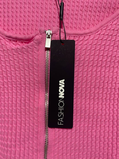 FASHION NOVA |S| BUST 13|C2|Hot Pink Ribbed Zip-Front Long-Sleeve Crop Top