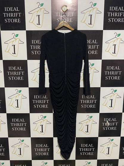 FASHION NOVA |XL| BUST 17| Black Long-Sleeve V-Neck Ruched Midi Dress