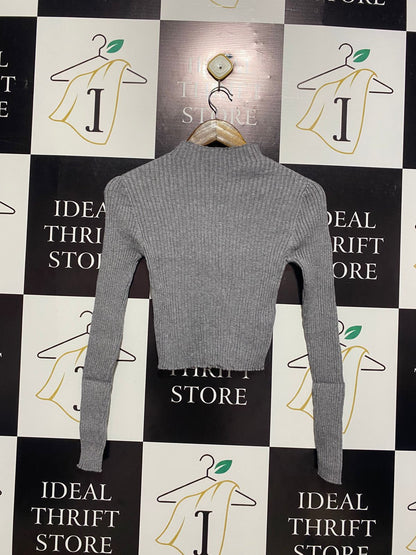 SHEIN |S| BUST 12| Grey Ribbed Mock-Neck Crop Sweater
