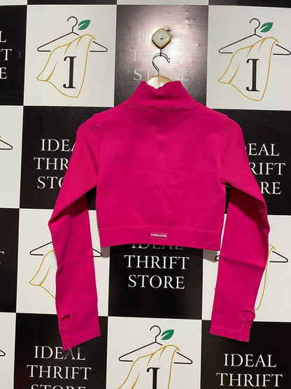 NOVA SPORT |M| BUST 15| Hot Pink Ribbed Long-Sleeve Crop Top With a Full Zip
