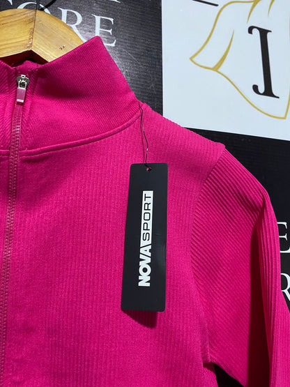 NOVA SPORT |M| BUST 15| Hot Pink Ribbed Long-Sleeve Crop Top With a Full Zip