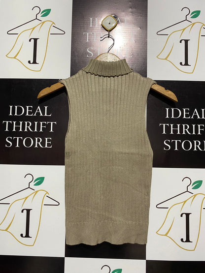 Taupe or Olive-Beige Ribbed Mock-Neck Sleeveless Top |S| BUST 11|
