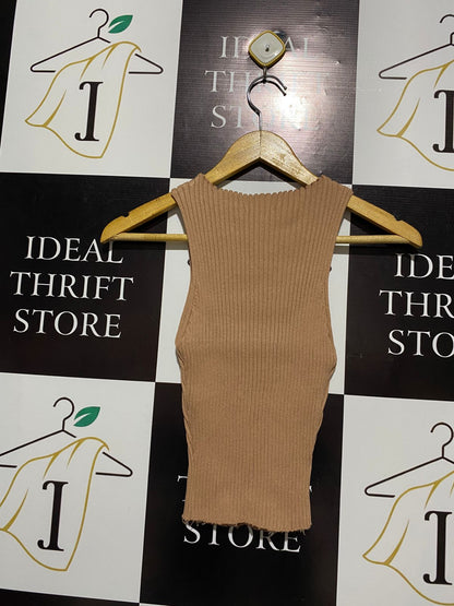 WHITE CLOSET |M| BUST 9| Taupe or Beige Ribbed Mock-Neck Sleeveless Top