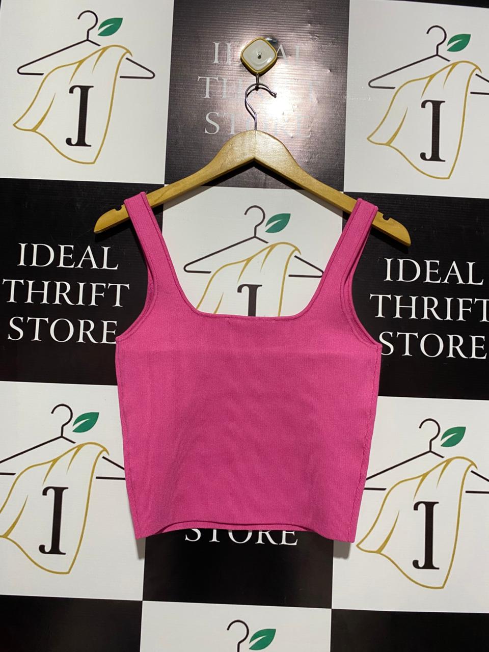 ZARA |S| BUST 14| Fuchsia Pink Square-Neck Ribbed Crop Top
