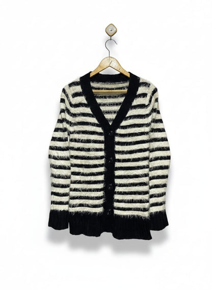BLACK AND WHITE STRIPED FUZZY KNIT CARDIGAN |M| BUST 16|