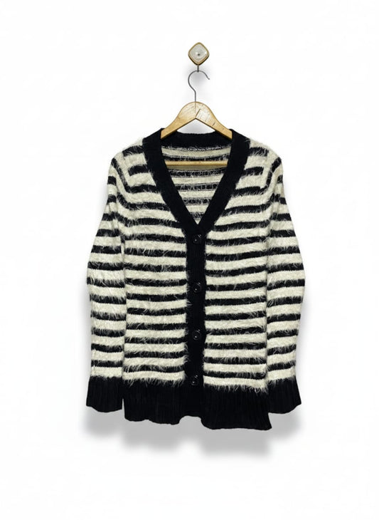BLACK AND WHITE STRIPED FUZZY KNIT CARDIGAN |M| BUST 16|