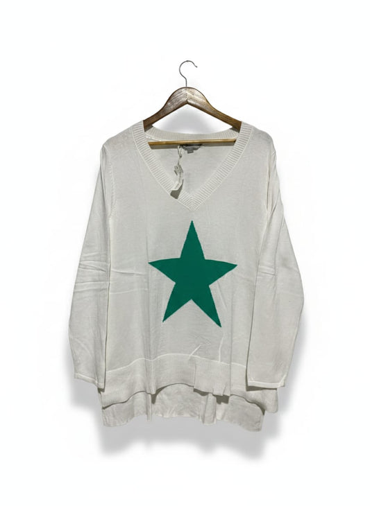 SUZANNEGRAE |L| BUST 21| White V-Neck Sweater With a Large Green Star