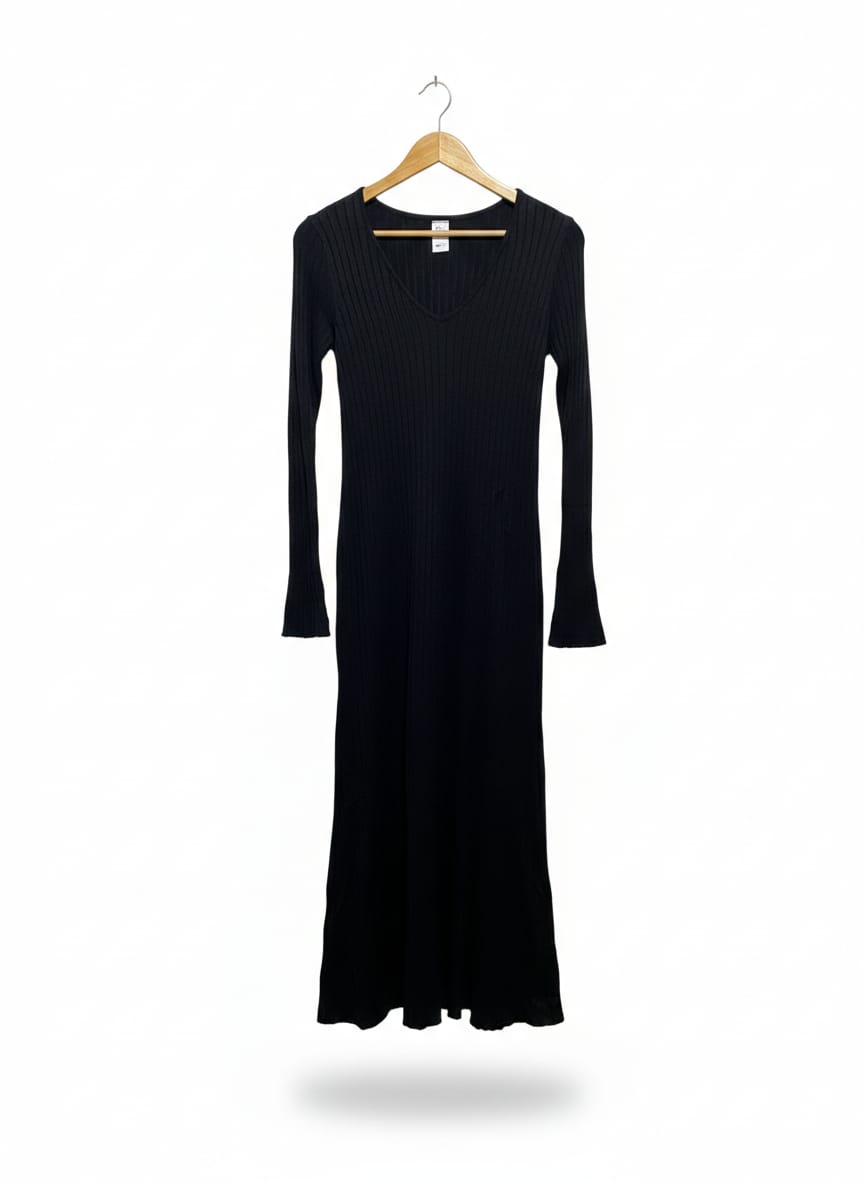 ANKO |L| BUST 14| BLACK RIBBED V-NECK LONG SLEEVE DRESS