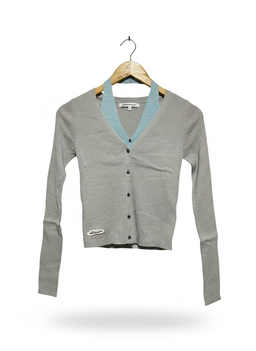 SOMESOWE |S| BUST 13| GREY RIBBED V-NECK CARDIGAN