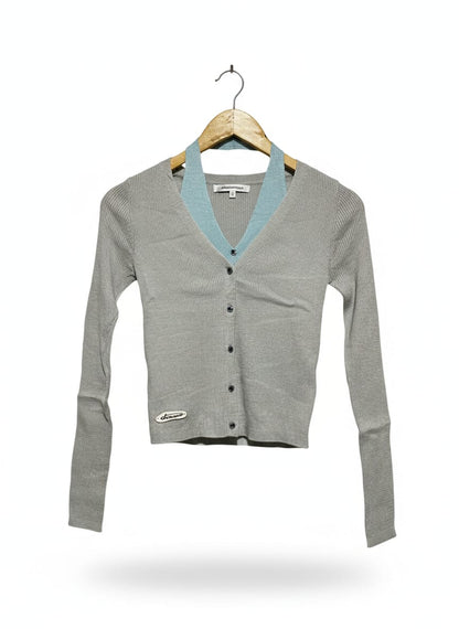 SOMESOWE |S| BUST 13| GREY RIBBED V-NECK CARDIGAN