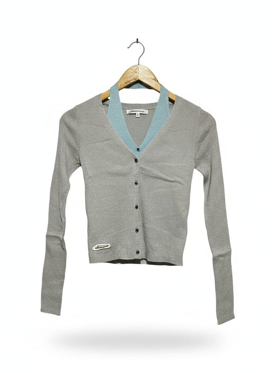 SOMESOWE |S| BUST 13| GREY RIBBED V-NECK CARDIGAN