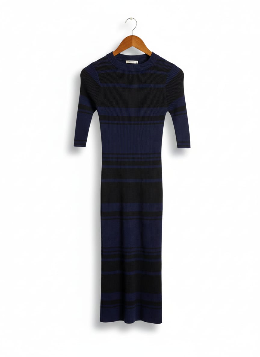 COUNTRY ROAD |XS| BUST 12| RIBBED KNIT, BODYCON FIT, SHORT SLEEVES, MIDI LENGTH, ROUND NECKLINE