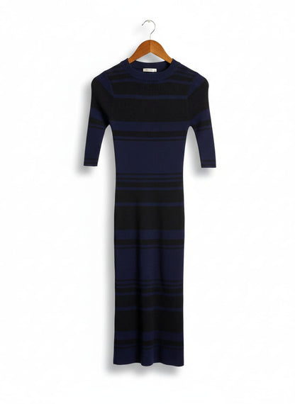 COUNTRY ROAD |XS| BUST 12| RIBBED KNIT, BODYCON FIT, SHORT SLEEVES, MIDI LENGTH, ROUND NECKLINE