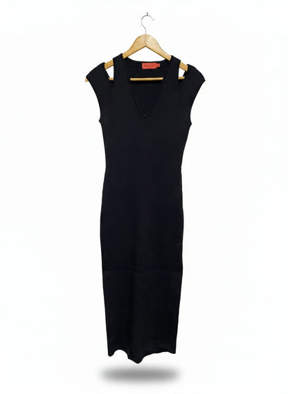 MANNING CARTELL |L| BUST 14| BLACK RIBBED COLD SHOULDER MIDI DRESS