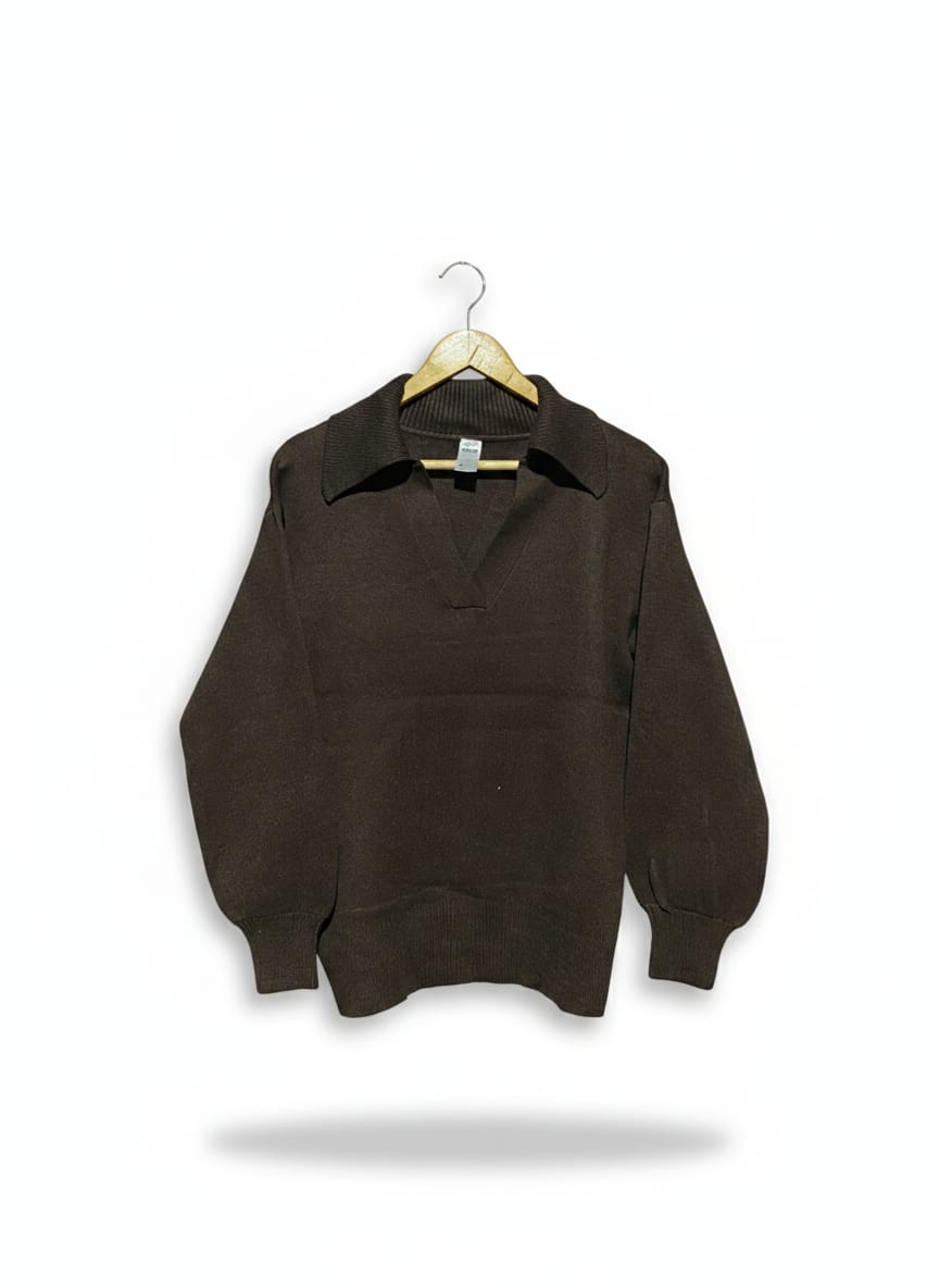 ANKO |M| BUST 20| BROWN KNIT LONG-SLEEVE POLO SWEATER