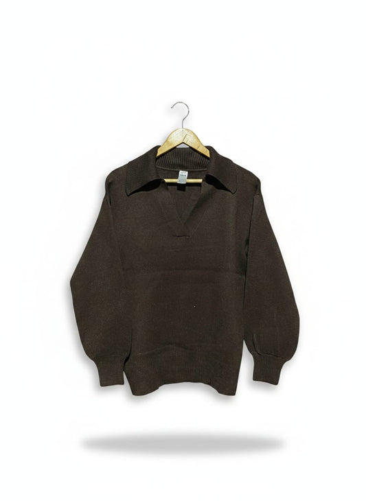 ANKO |M| BUST 20| BROWN KNIT LONG-SLEEVE POLO SWEATER