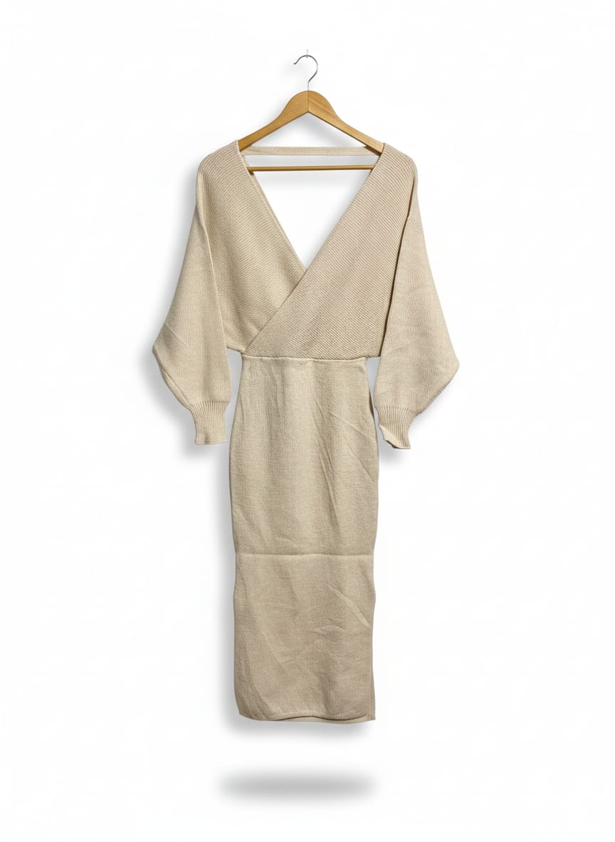 INDIKAN |S| BUST 10| BEIGE KNITTED WRAP MIDI DRESS
