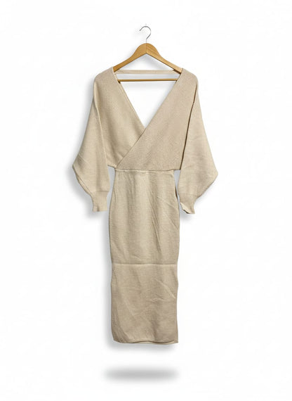 INDIKAN |S| BUST 10| BEIGE KNITTED WRAP MIDI DRESS