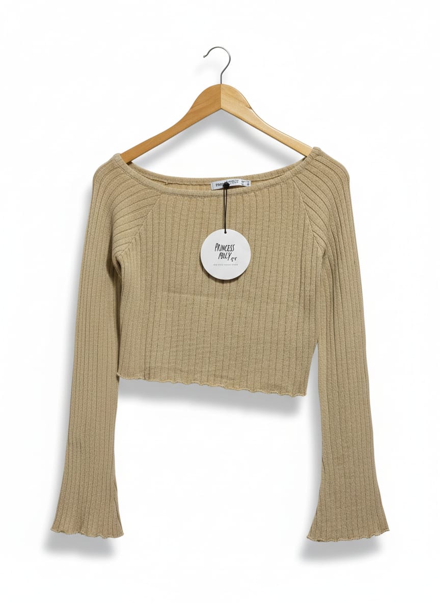 PRINCESS POLLY |S| BUST 16|C2| RIBBED KNIT, LONG BELL SLEEVES, BOAT NECKLINE, CROPPED FIT