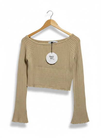 PRINCESS POLLY |S| BUST 16|C2| RIBBED KNIT, LONG BELL SLEEVES, BOAT NECKLINE, CROPPED FIT