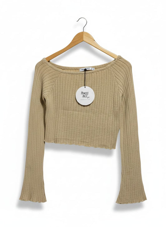 PRINCESS POLLY |S| BUST 16|C2| RIBBED KNIT, LONG BELL SLEEVES, BOAT NECKLINE, CROPPED FIT