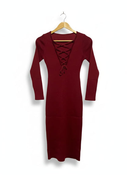 Reformation |M| BUST 12| Burgundy Ribbed Lace-Up Midi Dress