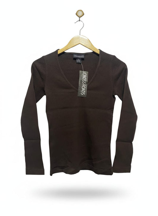 CROSS ROADS |M| BUST 14| Brown Ribbed V-Neck Top