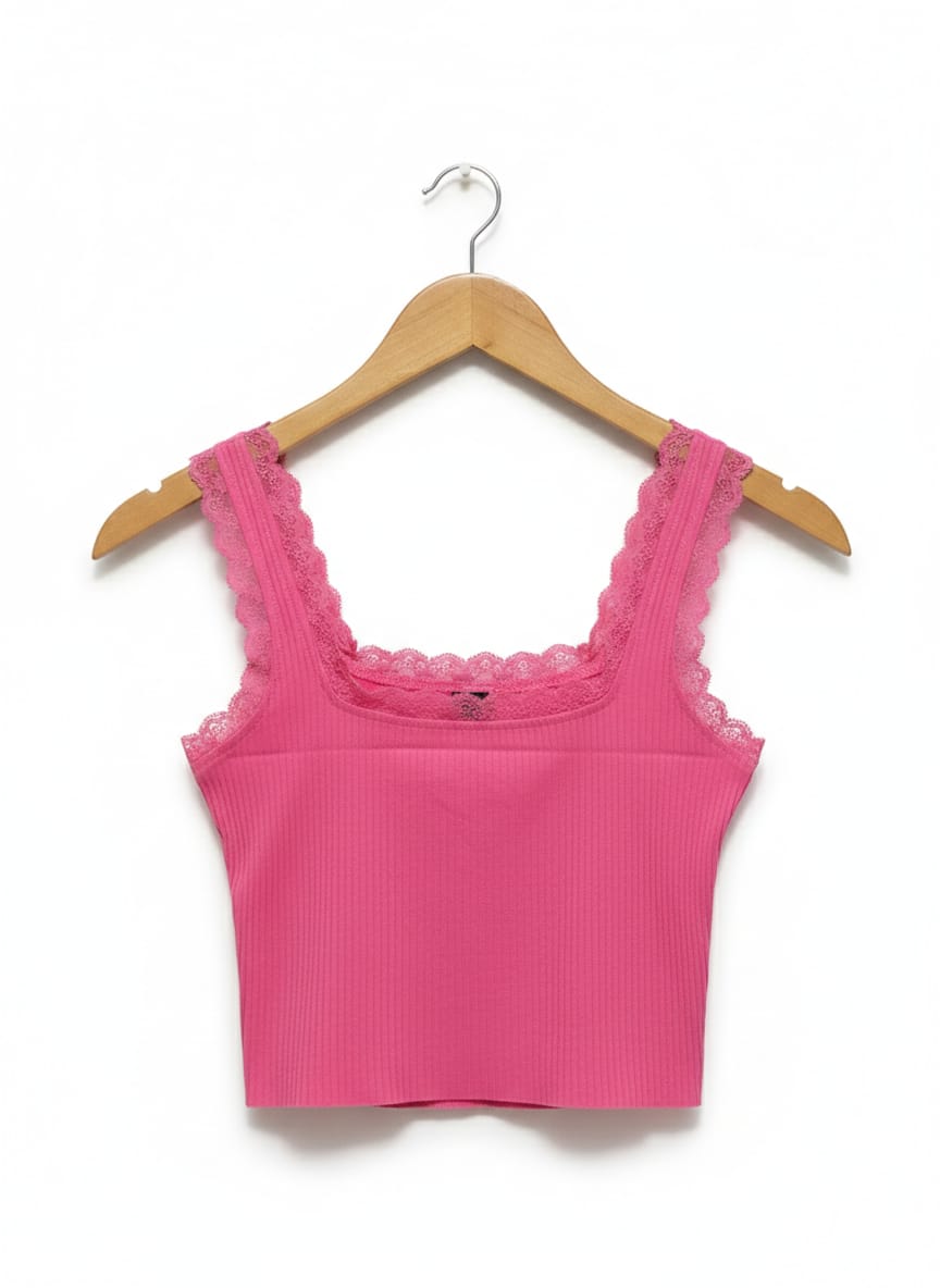 SHEIN |XS| BUST 13|B10| Hot Pink Lace-Trimmed Crop Top
