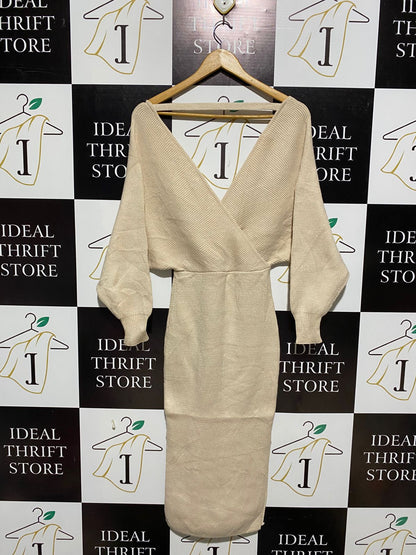 INDIKAN |S| BUST 10| BEIGE KNITTED WRAP MIDI DRESS