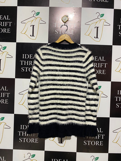 BLACK AND WHITE STRIPED FUZZY KNIT CARDIGAN |M| BUST 16|