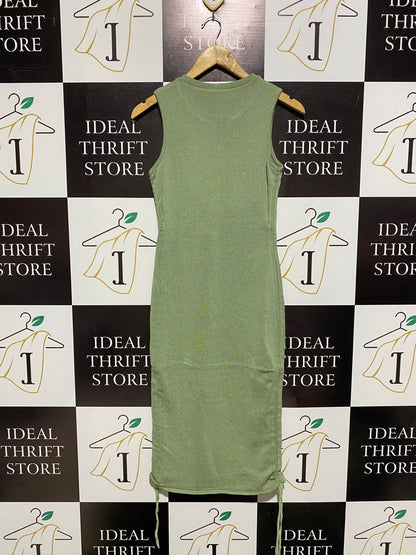 LIONESS |M| BUST 14| SAGE GREEN RIBBED SLEEVELESS ROUCHED MIDI DRESS