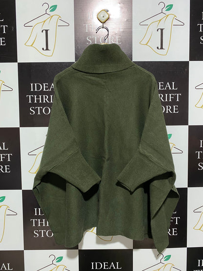 CAROLINE MORGAN |XL| BUST 37| OVERSIZED OLIVE GREEN TURTLENECK PULLOVER PONCHO SWEATER