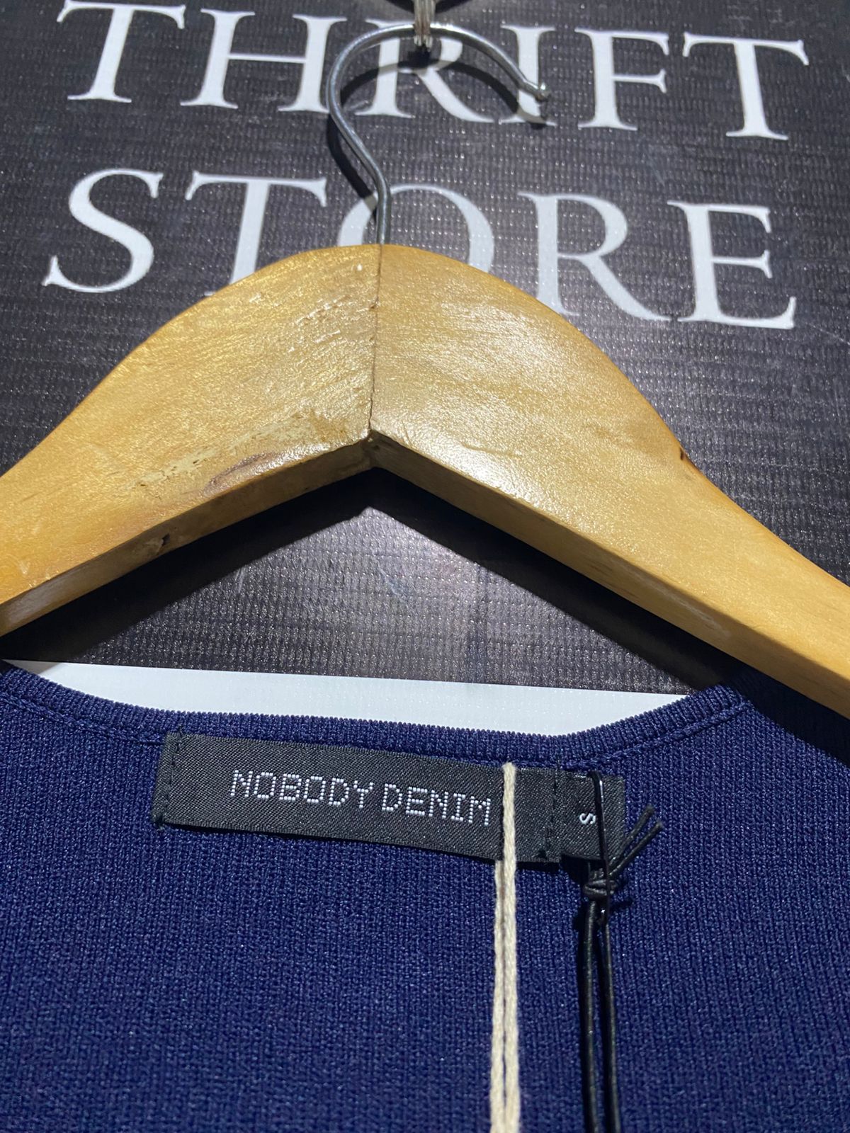 NOBODY DENIM |S| BUST 12| NAVY BLUE RIBBED SQUARE NECK ELBOW-SLEEVE TOP