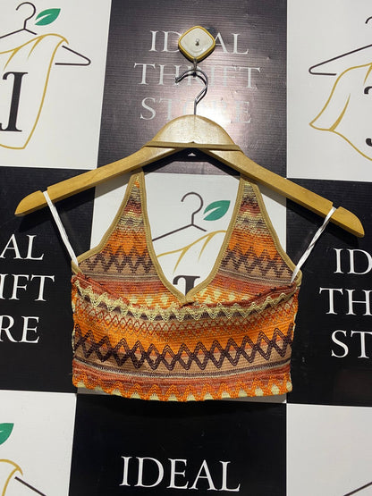 SHEIN |XS| BUST 12| BOHEMIAN MULTI-TONE ZIG-ZAG KNIT HALTER CROP TOP