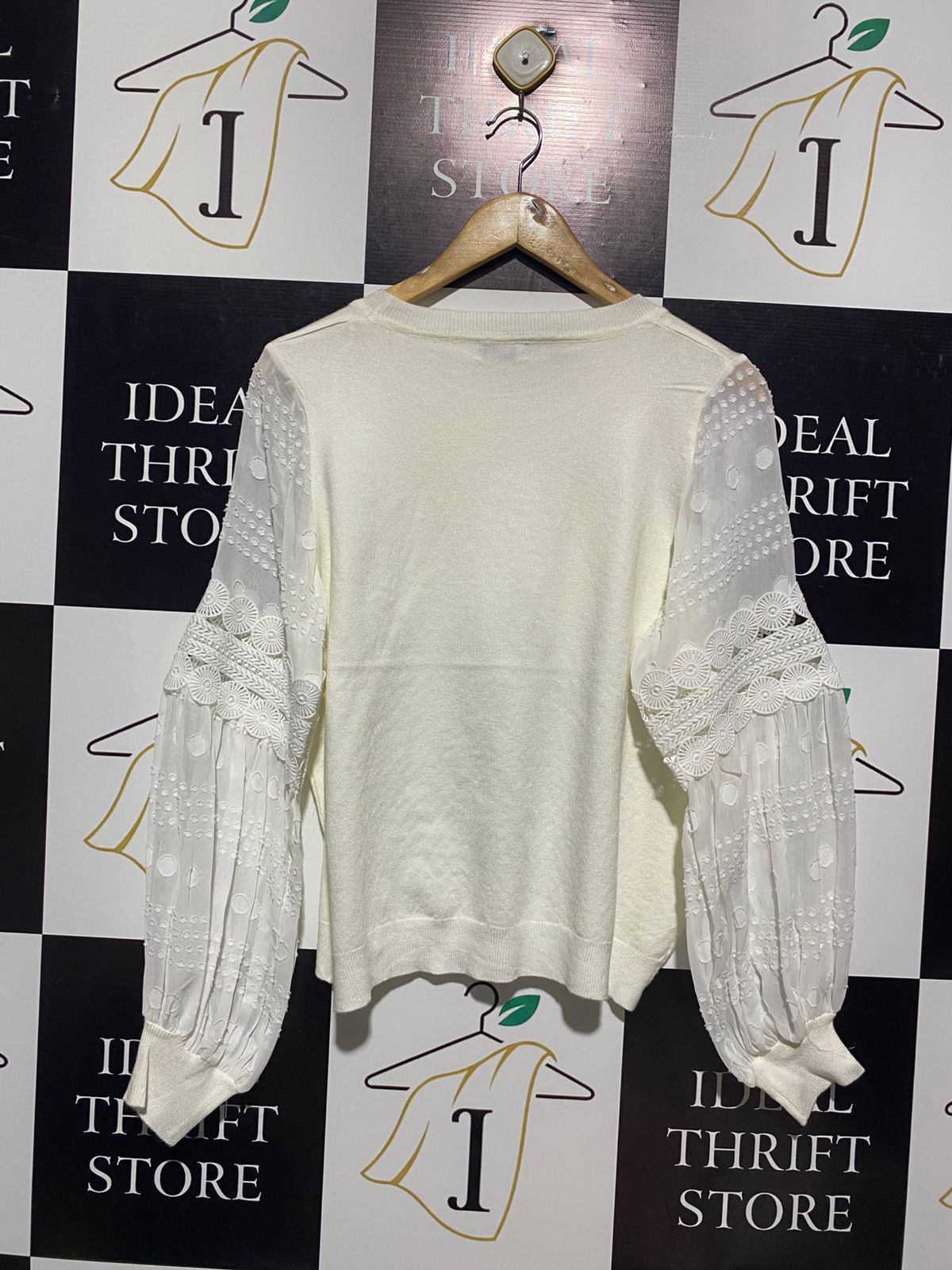 YOURS TUDY |L| BUST 20| OFF-WHITE CREW NECK SWEATER WITH EMBROIDERED MESH BALLOON SLEEVES