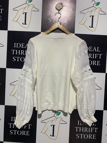 YOURS TUDY |L| BUST 20| OFF-WHITE CREW NECK SWEATER WITH EMBROIDERED MESH BALLOON SLEEVES
