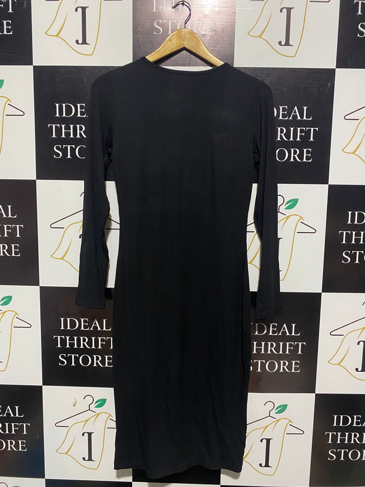 POPILUSH |XXL| BUST 16| BLACK LONG SLEEVE RIBBED SQUARE NECK MIDI DRESS