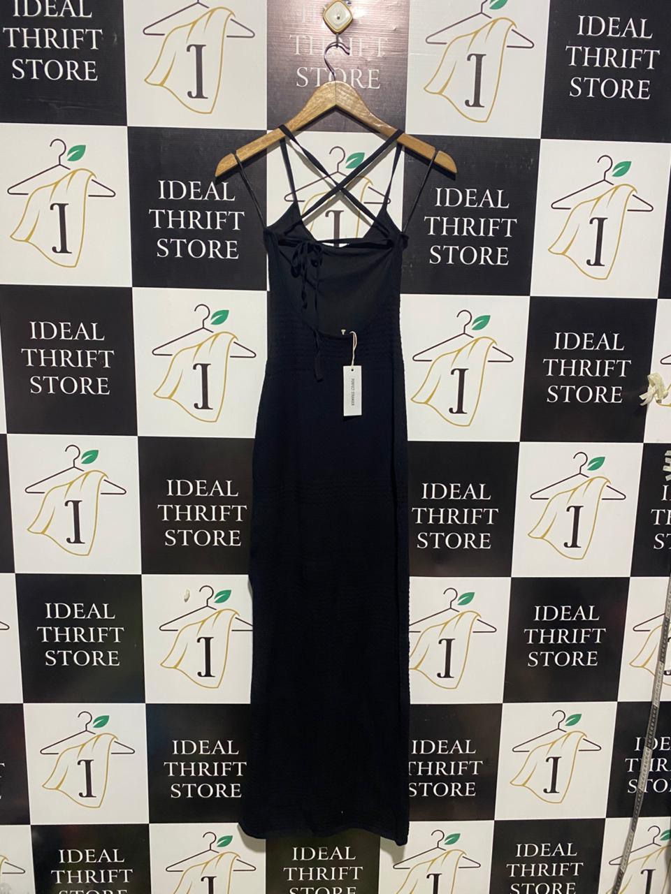 PERFECT STRANGER |S| BUST 11| BLACK SLEEVELESS KNIT MAXI DRESS WITH CRISS-CROSS BACK STRAPS
