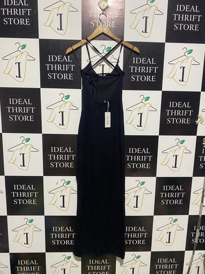 PERFECT STRANGER |S| BUST 11| BLACK SLEEVELESS KNIT MAXI DRESS WITH CRISS-CROSS BACK STRAPS