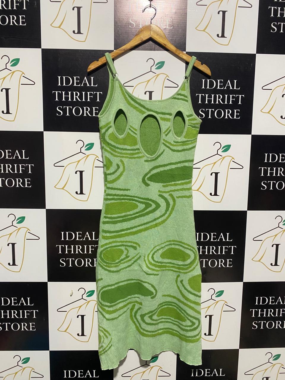 KOLLYY |S| BUST 16| GREEN AND LIME PSYCHEDELIC SWIRL PRINT MIDI DRESS
