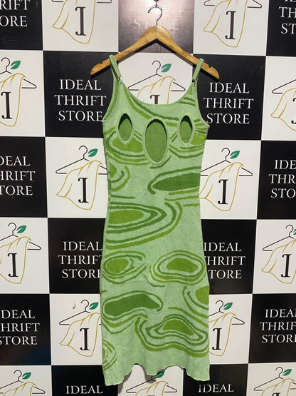 KOLLYY |S| BUST 16| GREEN AND LIME PSYCHEDELIC SWIRL PRINT MIDI DRESS
