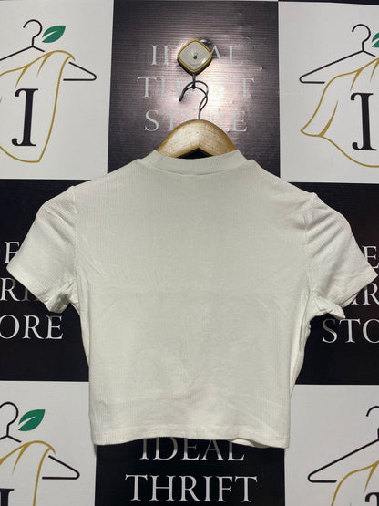 SHEIN |S| BUST 14| MODERN WHITE RIBBED CROSS-FRONT CROP TOP