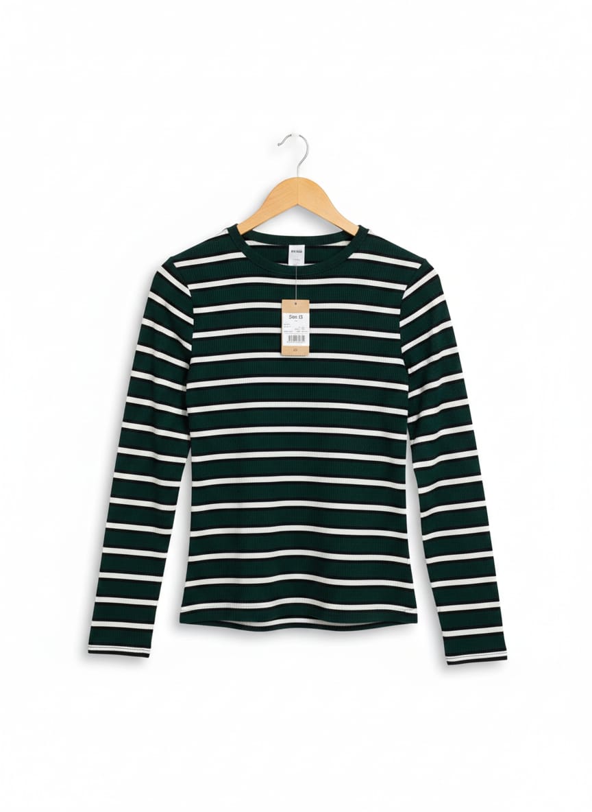 ANKO |M| BUST 16| CLASSIC DARK GREEN AND WHITE STRIPED LONG SLEEVE TOP – ESSENTIAL RIBBED KNIT
